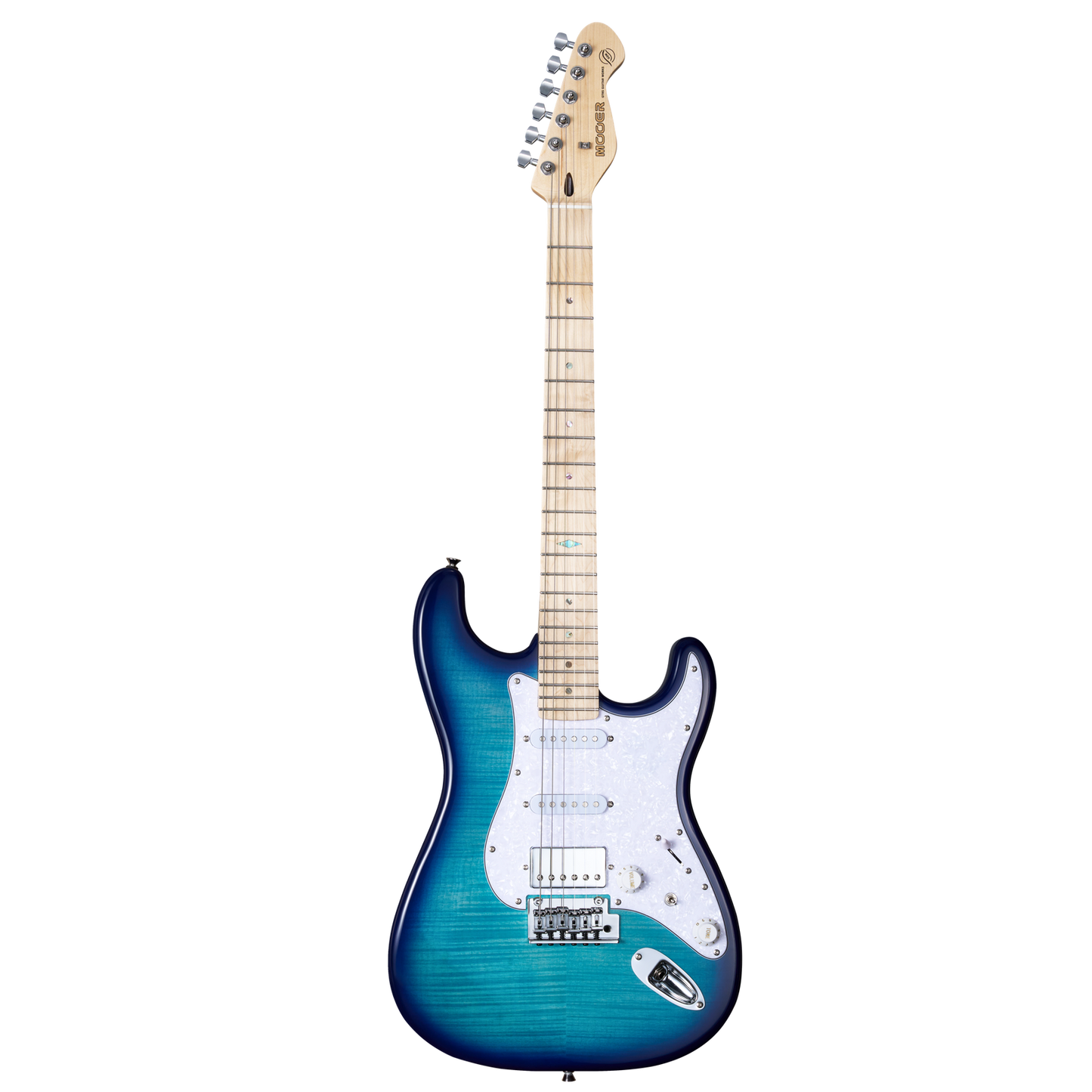 Mooer MSC30 Electric Guitar Lake Blue with Flame Maple Top, Maple Fingerboard, H-S-S Pickup Configuration, and 2-Point Tremolo Bridge