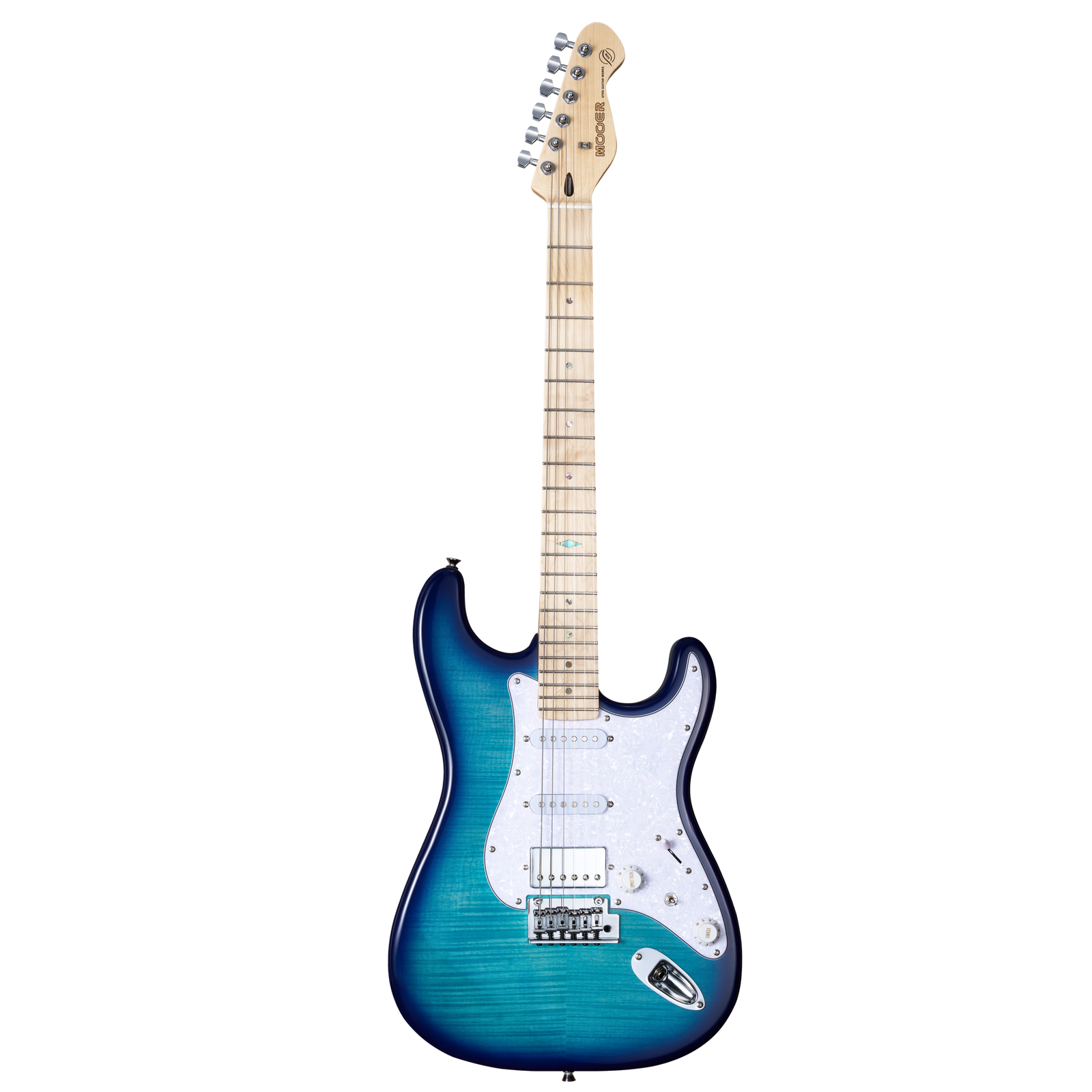 Mooer MSC30 Electric Guitar Lake Blue with Flame Maple Top, Maple Fingerboard, H-S-S Pickup Configuration, and 2-Point Tremolo Bridge