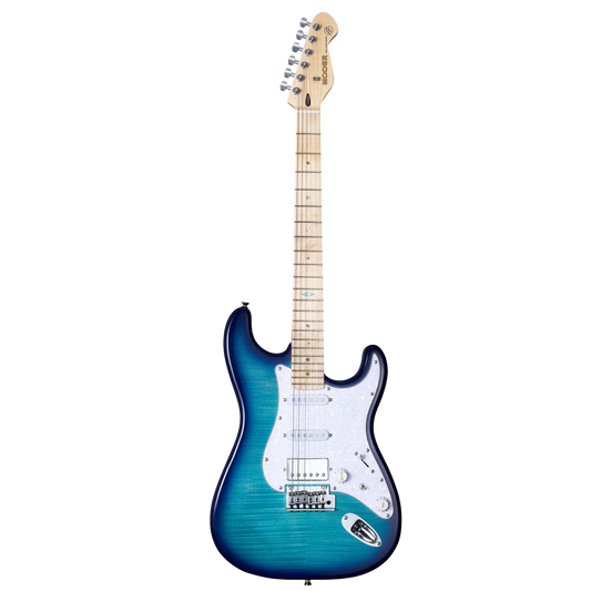 Mooer MSC30 Electric Guitar Lake Blue with Flame Maple Top, Maple Fingerboard, H-S-S Pickup Configuration, and 2-Point Tremolo Bridge