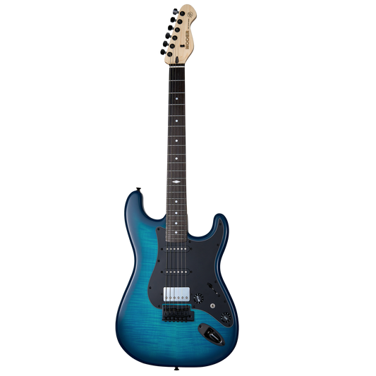 Mooer MSC31 Electric Guitar Blue Burst, 6 Strings, H-S-S Pickup, Roasted Maple Neck, Rosewood Fingerboard, MTB-1 BK Tremolo, Includes Case