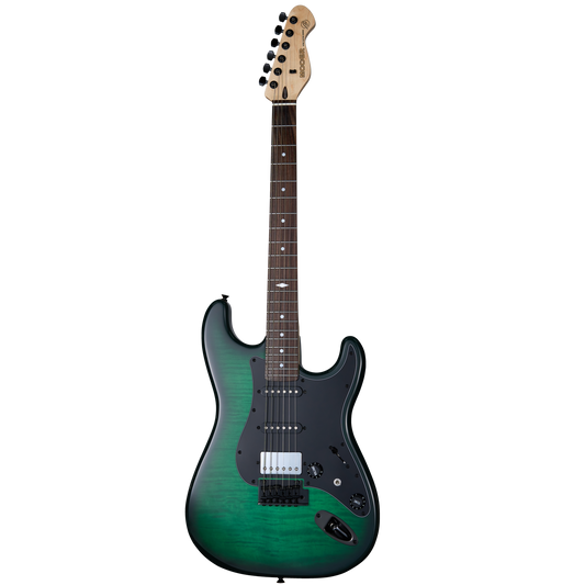 Mooer MSC31 Electric Guitar Green Burst with Rosewood Fingerboard and Flame Maple Top, 6 Strings, H-S-S Pickups, Includes Mooer Bag