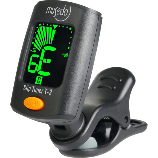 Musedo MT2 Clip-On Chromatic Tuner for Guitar, Ukulele, Violin – Black Finish, LCD Display, 3V Battery Included, 4 Modes, Portable Design