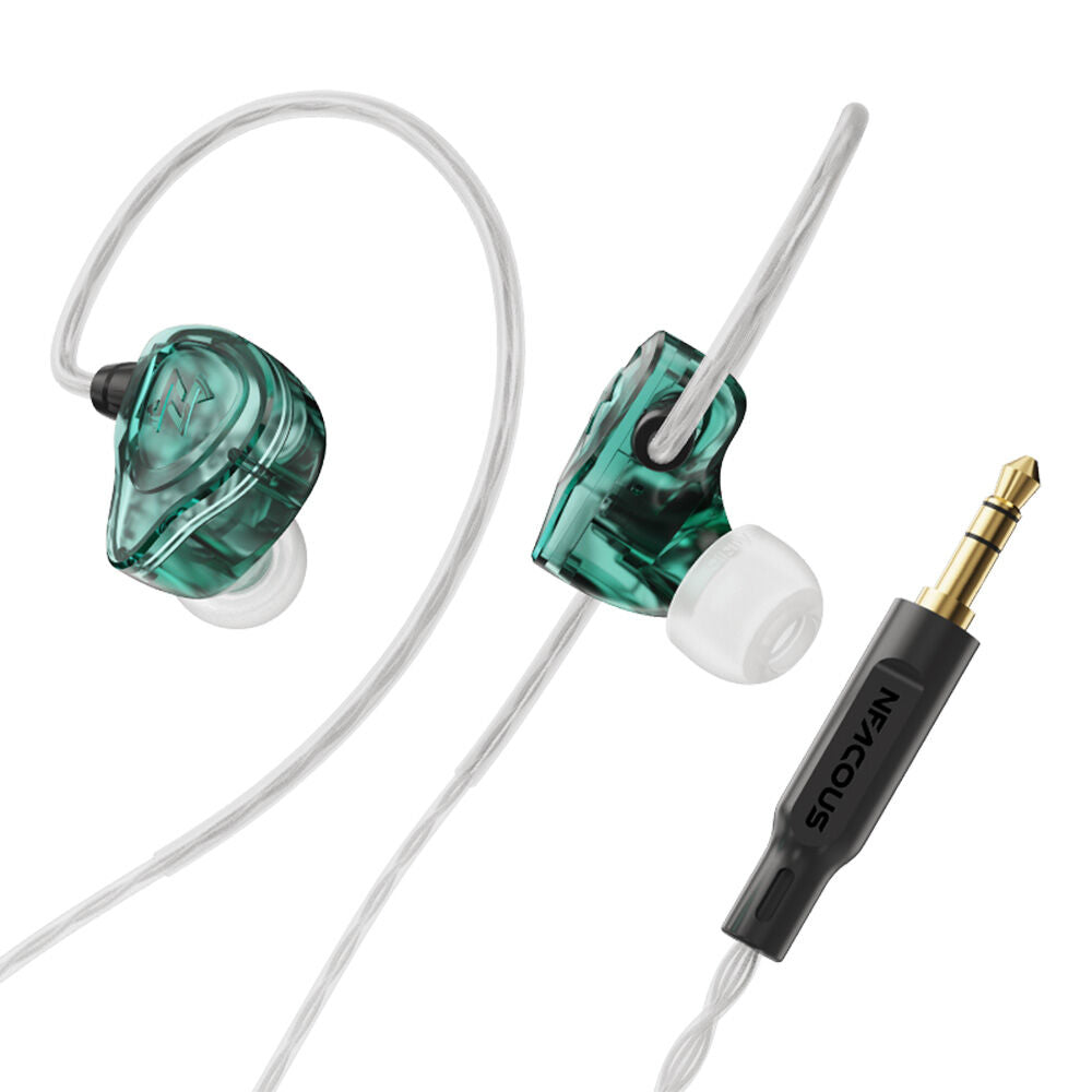 NF ACOUS NM10 In-Ear Monitor Earphones Green with 3.5mm connector, silicone tips, oxygen free cable, and storage bag