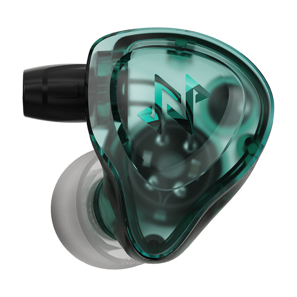 NF ACOUS NM10 In-Ear Monitor Earphones Green with 3.5mm connector, silicone tips, oxygen free cable, and storage bag — view 2