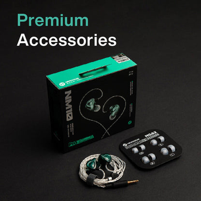 NF ACOUS NM10 In-Ear Monitor Earphones Green with 3.5mm connector, silicone tips, oxygen free cable, and storage bag — view 3