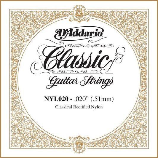 D'Addario NYL020 Rectified Nylon Classical Guitar Single String,.020