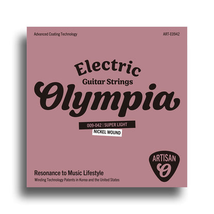 Olympia Artisan Series Coated Electric Guitar String Set, Super Light (9-42), 6 Strings, Nickel-Plated Steel, Hexagonal Core