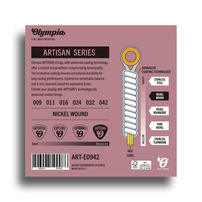 Olympia Artisan Series Coated Electric Guitar String Set, Super Light (9-42), 6 Strings, Nickel-Plated Steel, Hexagonal Core — view 2