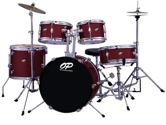 Opus Percussion 5-Piece Junior Drum Kit with Hardware and Cymbals, Wine Red Finish