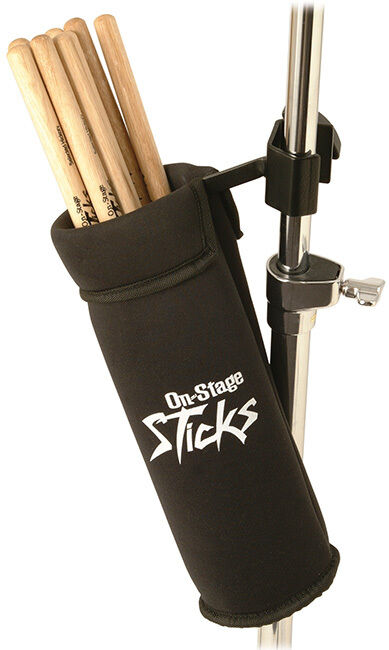 On Stage Neoprene Drum Stick Holder with C-Shape Mounting Clamp, Holds 8 Pairs, Removable Pocket, 11" Long, Black