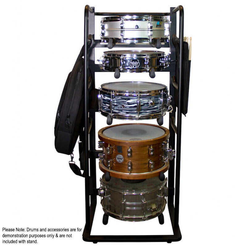 On Stage DRS9000 Snare Drum Storage Rack, Holds 5 Drums, Adjustable Support Arms, Heavy-Duty Steel, Mobile with Casters, 22 Height Adjustments — view 3