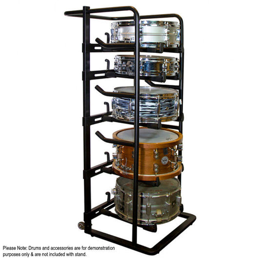 On Stage DRS9000 Snare Drum Storage Rack, Holds 5 Drums, Adjustable Support Arms, Heavy-Duty Steel, Mobile with Casters, 22 Height Adjustments