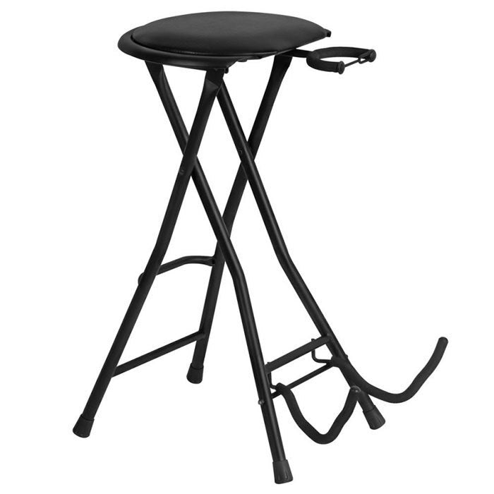 On Stage Guitarist Stool with Footrest and Collapsible Guitar Stand, Black Powder Coat Finish