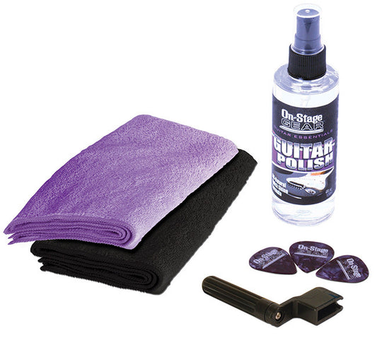 On Stage Universal Guitar Care Kit with Polish, Microfiber Cloths, Peg Winder, and Picks