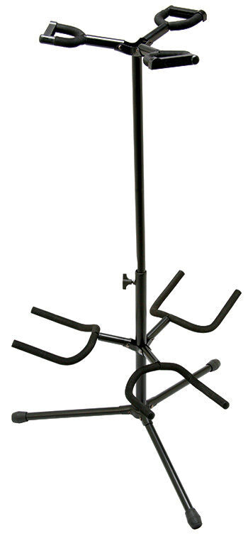 On Stage Deluxe Folding Triple Guitar Stand - Black Powder Coat Finish, Height Adjustable 17"-32", 22" Base Spread, Velveteen Rubber Padding