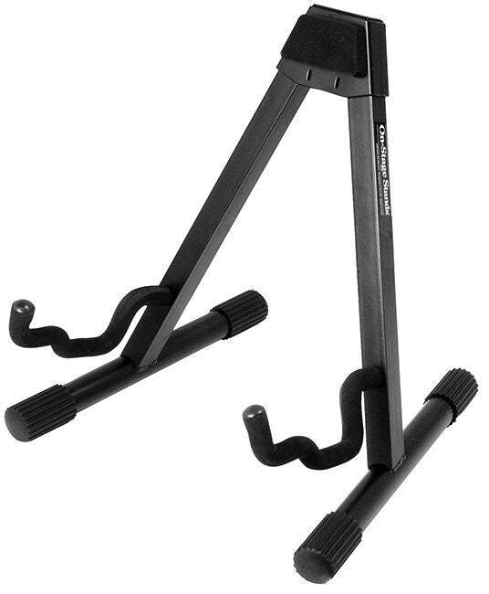 On Stage Professional Single A-Frame Guitar Stand - Heavy-Duty, Velveteen Rubber, Black Powder Coat Finish