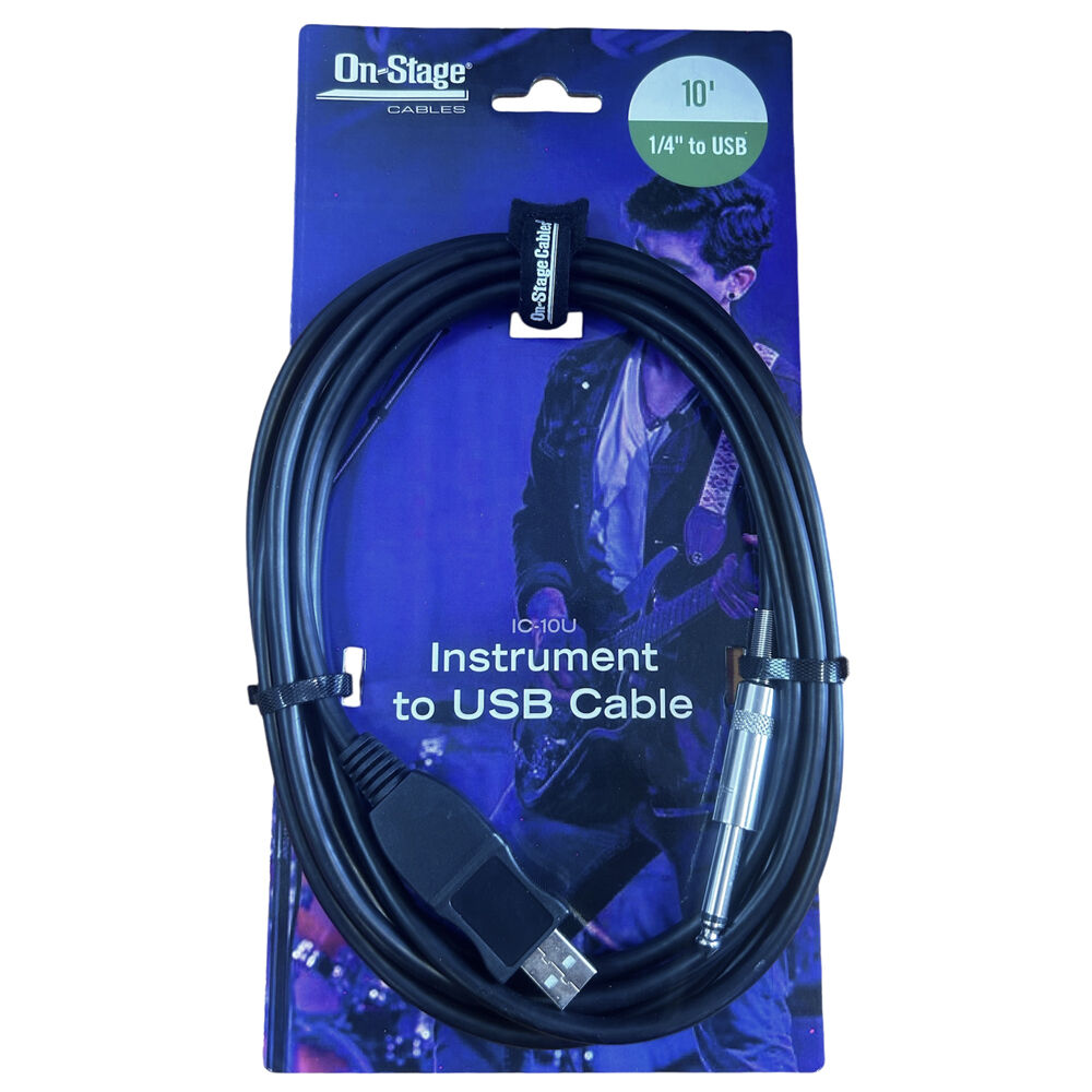 On Stage 10ft Instrument-to-USB Cable with 1/4" Straight Plug for Guitar/Bass