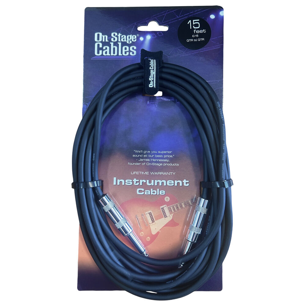 On-Stage 15ft Instrument Cable with 1/4" Straight Connectors - Durable PVC, Flexible, Copper Shielding, Hook & Loop Tie
