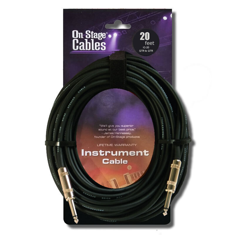 On Stage 20ft Instrument Cable with 1/4" Straight Plugs, Copper Wire, Durable PVC Jacket, Flexible Design