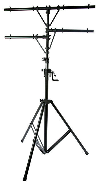 On Stage Lighting Stand with Power Crank, 80 lbs Capacity, Adjustable Height 56"-138", 48" T-Bar for 4 Par Cans, Steel, Black Finish