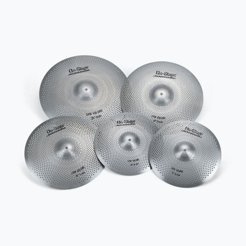 On Stage Low Volume Stainless Steel Cymbal Set - 14" Hi-Hats, 16" Crash, 18" Crash, 20" Ride