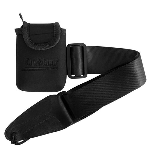 On Stage Wireless Transmitter Pouch with Adjustable Guitar Strap, Water Resistant Neoprene, Fits 1"x3"x3.5" Transmitters, Black
