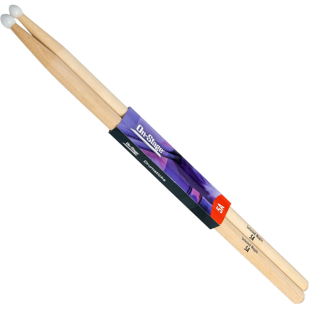 On Stage 5A Maple Drum Sticks with Nylon Tip - Kiln Dried, Durable, Lightweight