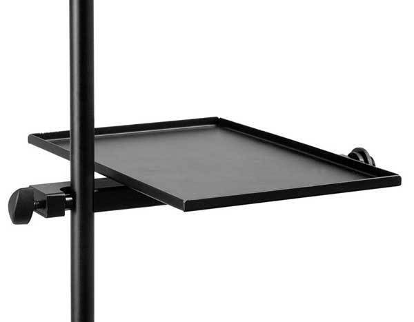 On Stage Mic Stand Accessory Tray with U-Mount Clamp, Steel, 6" x 9", Tool-Free Clamping, 8" Mounting Bar, Threaded End for Mic
