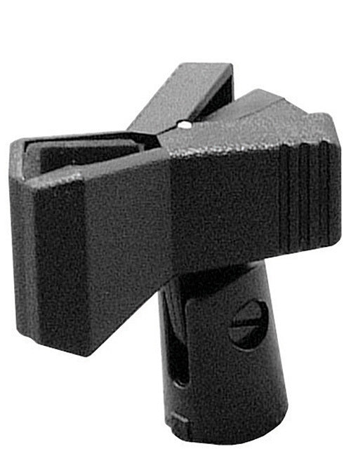 On Stage Plastic Mic Clip with Adaptor for Dynamic Mics, Spring-Loaded, 5/8"-27 Female Threaded Insert