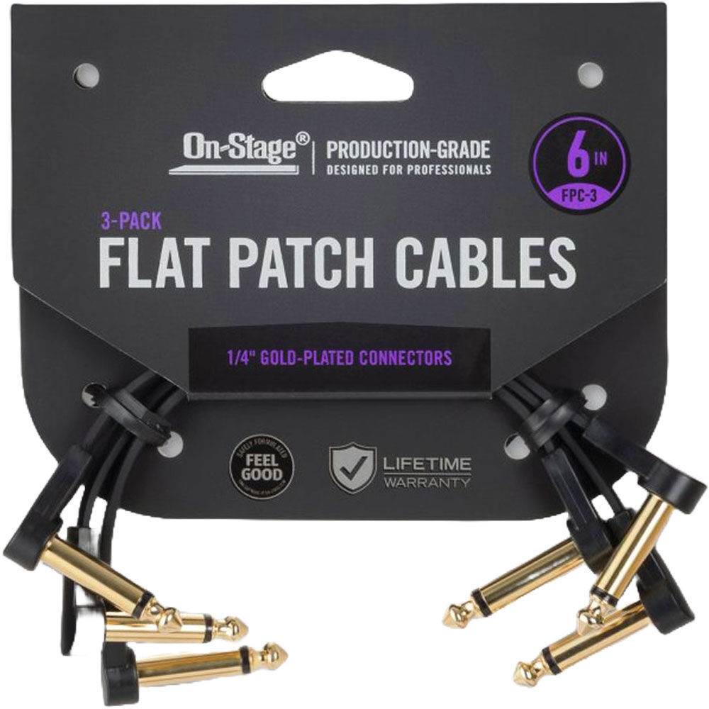 On Stage 6" Flat Patch Cables (3-Pack) - FX Pedal, Gold-Plated Connectors, Spiral Shielding, Oxygen-Free Copper, Right Angle Connectors