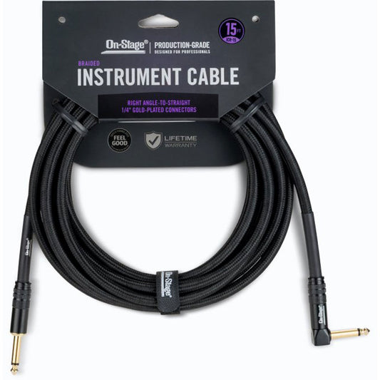 On Stage 15ft Braided Instrument Cable 1/4" Straight to Right Angle Gold-Plated Connectors