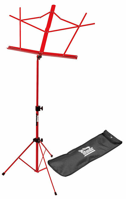 On Stage Compact Sheet Music Stand Red with Bag, Adjustable Height 26" - 40", 9" Foldable Book Plate, Portable Design