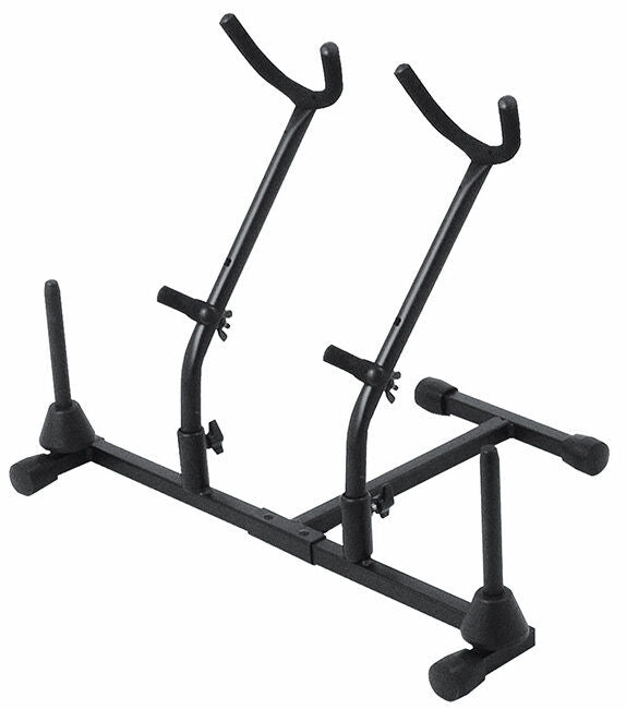 On Stage Double Saxophone & Flute Stand, Holds 2 Saxophones & 2 Flutes/Clarinets, Adjustable, Black Powder Coat Finish