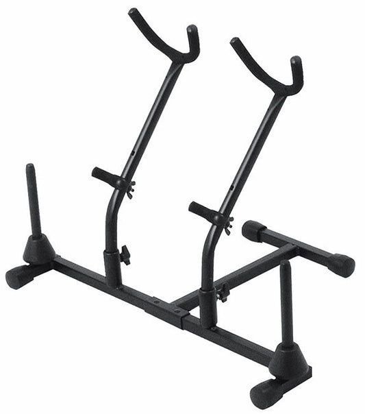 On Stage Double Saxophone & Flute Stand, Holds 2 Saxophones & 2 Flutes/Clarinets, Adjustable, Black Powder Coat Finish