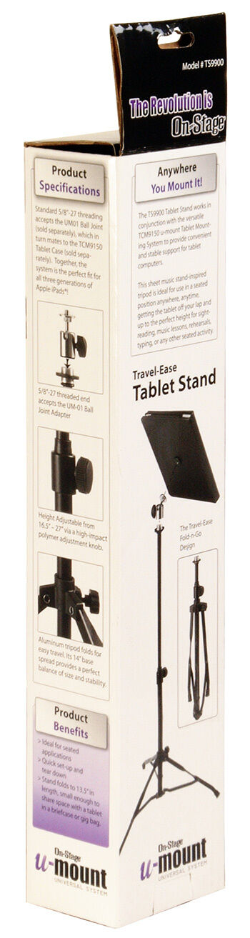 On Stage OSTS9900 U-Mount Tablet Stand, Adjustable Height 16.5" - 27", Compact Tripod Design for Musicians, Lightweight and Portable — view 4