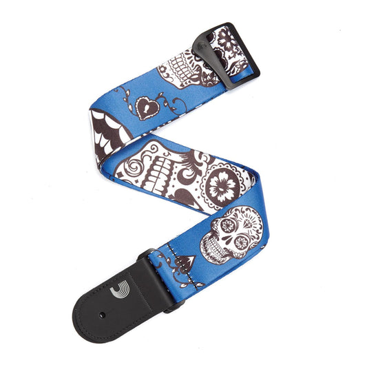 2 Inch Woven Guitar Strap, Sugar Skulls - Blue, by D'Addario