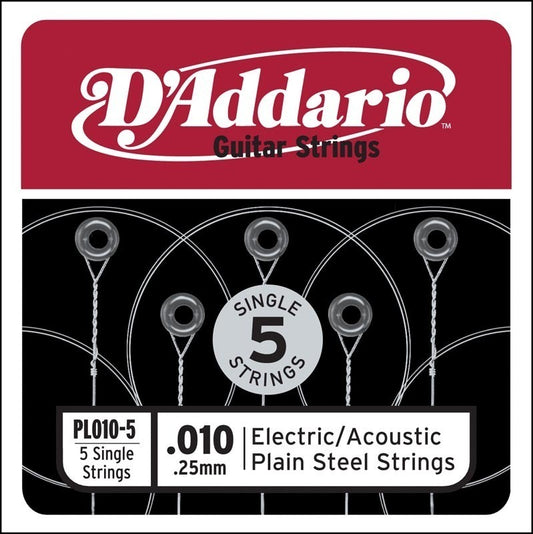 D'Addario PL010-5 Plain Steel Guitar Single String, .010 5-pack