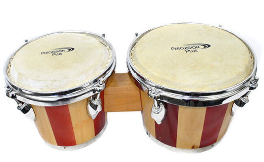 Percussion Plus 6 & 7" Wooden Bongos Two-Tone Gloss Natural Finish with Natural Hide Heads and Chrome Hardware
