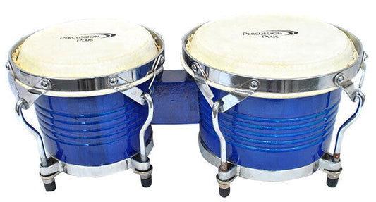 Percussion Plus Deluxe 7.5 & 8.5" Wooden Bongos Gloss Blue Lacquer Finish