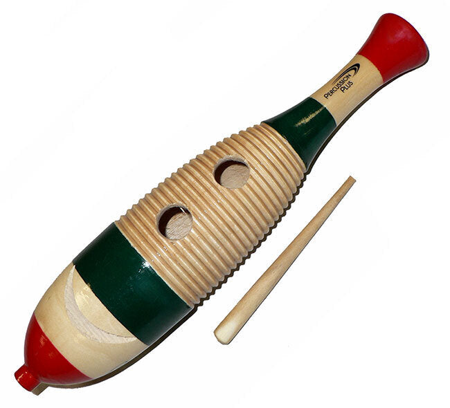 Percussion Plus Large Wooden Fish Shape Guiro - 3-Tone Green/Red/Natural Finish, 38cm Length, 7.4cm Diameter, Includes Wooden Striker