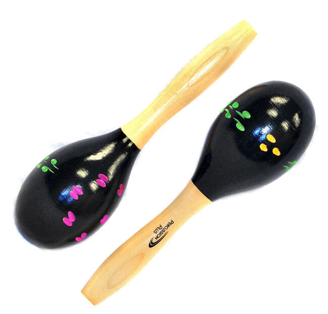 Percussion Plus Wooden Maracas - Black & Patterned Finish, 21cm Length, 6.1cm Head Diameter, Sold as a Pair