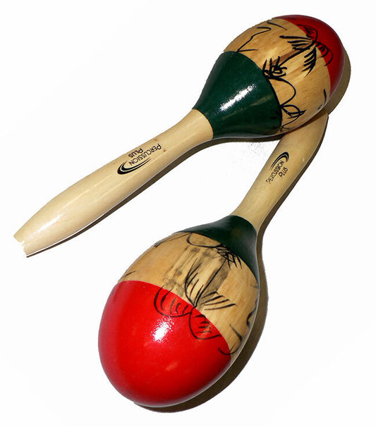 Percussion Plus Wooden Maracas Pair - 3-Tone & Patterned Finish, 24.5cm Length, 7.4cm Head Diameter