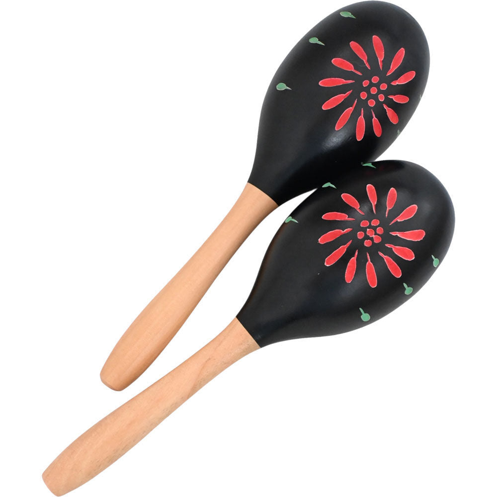 Percussion Plus Wooden Maracas - Black & Patterned Finish, 23.5cm Length, 8cm Head Diameter, Sold as a Pair — view 2