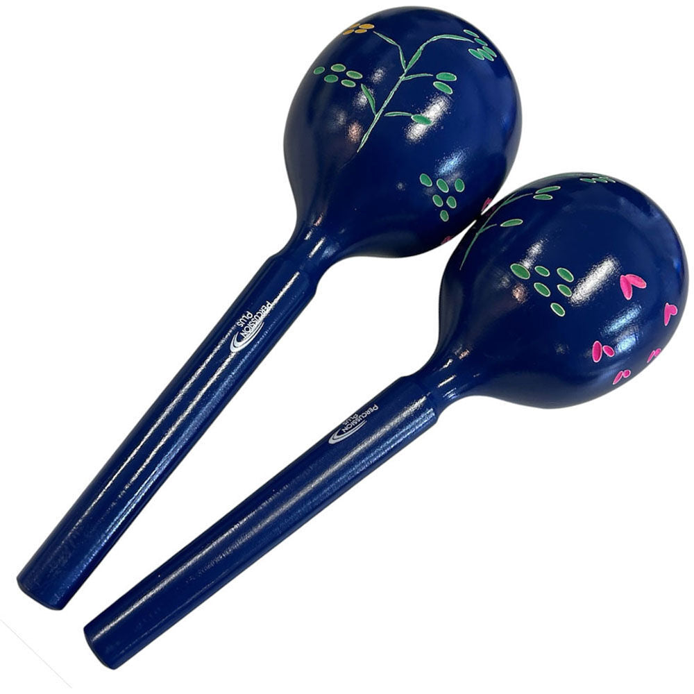Percussion Plus Large Wooden Maracas - Blue & Patterned Finish, 28cm Length, 9.7cm Head Diameter, Sold as Pair