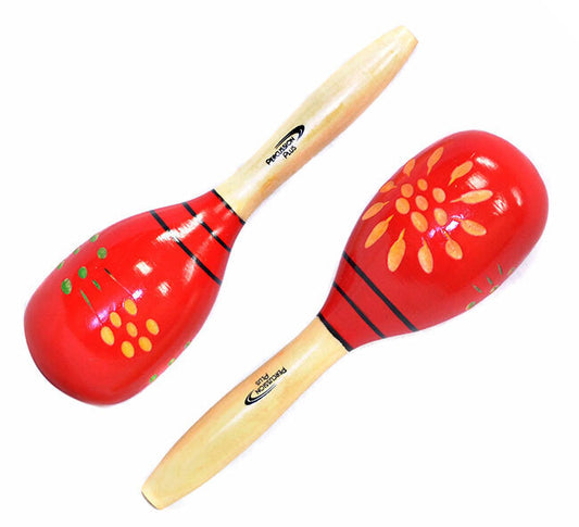 Percussion Plus Wooden Maracas Red & Patterned Finish, 23.5cm Length, 7.1cm Head Diameter, Sold as Pair