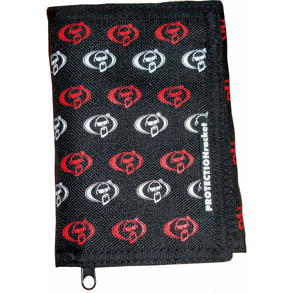 Protection Racket Black Wallet with Red & White Logo, Velcro Closure, 3 Card Compartments, Zipped Change Pocket, 14cm x 9cm x 3cm