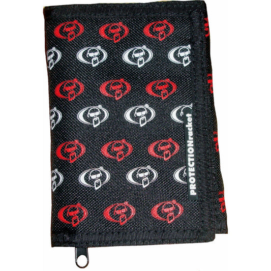 Protection Racket Black Wallet with Red & White Logo, Velcro Closure, 3 Card Compartments, Zipped Change Pocket, 14cm x 9cm x 3cm