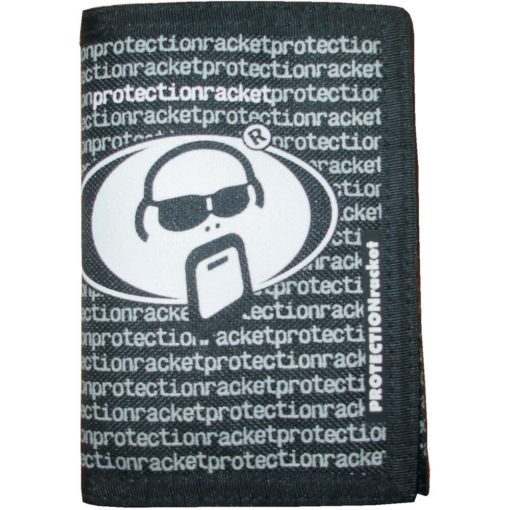 Protection Racket Black Wallet with Black & White Logo, Velcro Closure, 3 Card Compartments, Zipped Change Pocket, 14cm x 9cm x 3cm