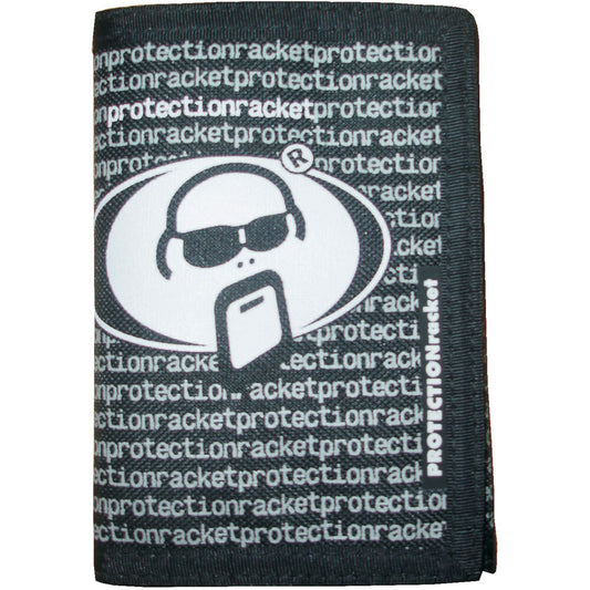 Protection Racket Black Wallet with Black & White Logo, Velcro Closure, 3 Card Compartments, Zipped Change Pocket, 14cm x 9cm x 3cm