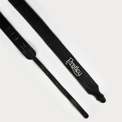 Pratley 2.5" Black Leather Guitar Strap with Suede Backing and Embroidered Logo [PRATSTRAP-BK] — view 3